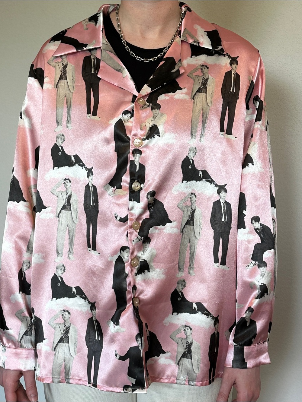 BTS print silk button down - handmade